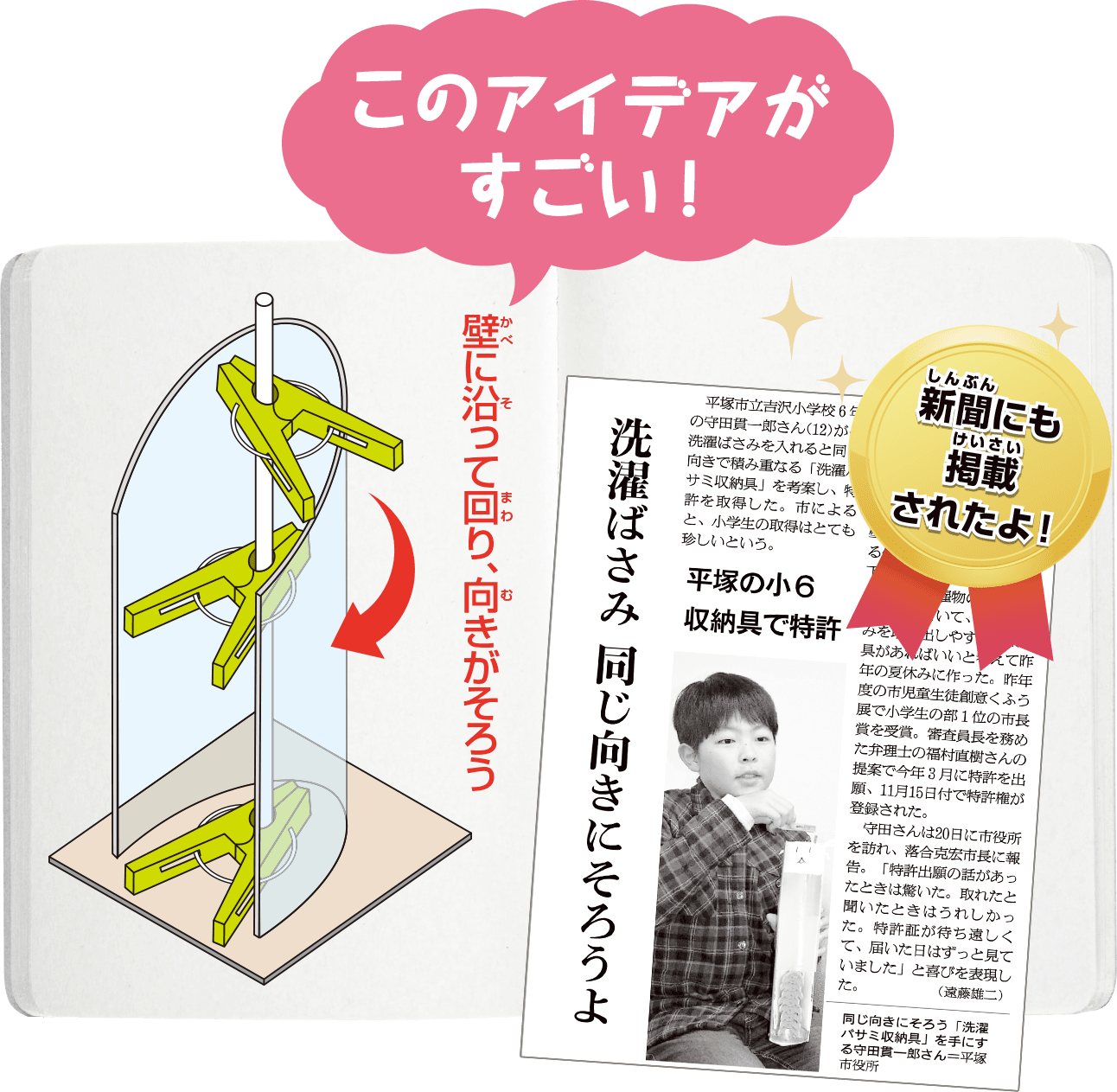 「洗濯バサミ収納具」の特許権が登録を報じる新聞紙面